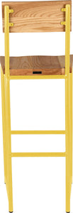 Yellow metal stool with back with natural stain ash wood made in UK - back view round frame