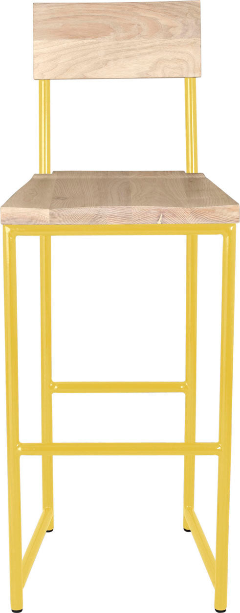 Yellow metal stool with back with whitewash stain ash wood made in UK - front view round frame