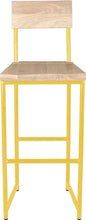 Load image into Gallery viewer, Yellow metal stool with back with whitewash stain ash wood made in UK - front view round frame
