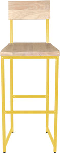 Yellow metal stool with back with whitewash stain ash wood made in UK - front view round frame