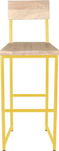 Load image into Gallery viewer, Yellow metal stool with back with whitewash stain ash wood made in UK - front view round frame
