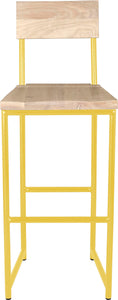 Yellow metal stool with back with whitewash stain ash wood made in UK - front view round frame