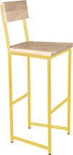 Load image into Gallery viewer, Yellow metal stool with back with whitewash stain ash wood made in UK - angle view round frame

