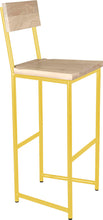 Load image into Gallery viewer, Yellow metal stool with back with whitewash stain ash wood made in UK - angle view round frame
