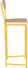 Load image into Gallery viewer, Yellow metal stool with back with whitewash stain ash wood made in UK - side view round frame
