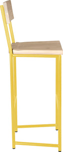 Yellow metal stool with back with whitewash stain ash wood made in UK - side view round frame