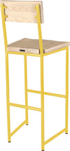 Load image into Gallery viewer, Yellow metal stool with back with whitewash stain ash wood made in UK - back side view round frame
