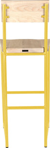 Yellow metal stool with back with whitewash stain ash wood made in UK - back view round frame