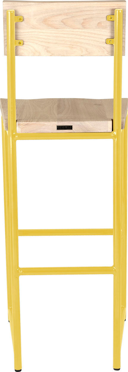Yellow metal stool with back with whitewash stain ash wood made in UK - back view round frame