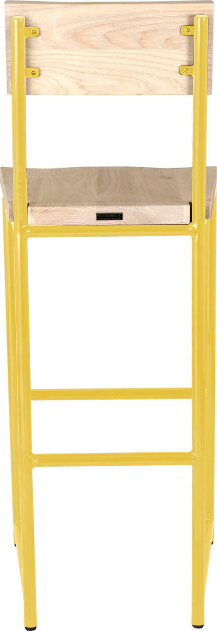 Yellow metal stool with back with whitewash stain ash wood made in UK - back view round frame