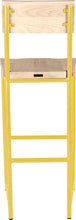 Load image into Gallery viewer, Yellow metal stool with back with whitewash stain ash wood made in UK - back view round frame
