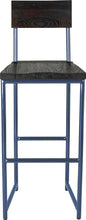 Load image into Gallery viewer, Blue metal stool with back with black stain ash wood made in UK - front view round frame

