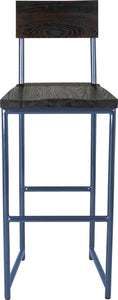 Blue metal stool with back with black stain ash wood made in UK - front view round frame