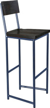 Load image into Gallery viewer, Blue metal stool with back with black stain ash wood made in UK - angle view round frame
