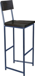 Blue metal stool with back with black stain ash wood made in UK - angle view round frame
