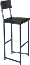 Load image into Gallery viewer, Blue metal stool with back with black stain ash wood made in UK - angle view round frame

