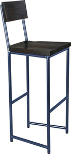 Blue metal stool with back with black stain ash wood made in UK - angle view round frame