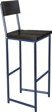 Load image into Gallery viewer, Blue metal stool with back with black stain ash wood made in UK - angle view round frame

