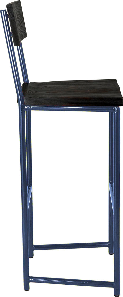 Blue metal stool with back with black stain ash wood made in UK - side view round frame