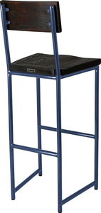 Blue metal stool with back with black stain ash wood made in UK - back side view round frame