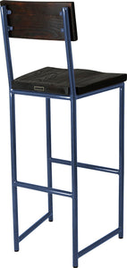 Blue metal stool with back with black stain ash wood made in UK - back side view round frame