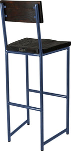 Blue metal stool with back with black stain ash wood made in UK - back side view round frame