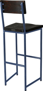 Blue metal stool with back with black stain ash wood made in UK - back side view round frame