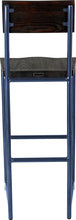 Load image into Gallery viewer, Blue metal stool with back with black stain ash wood made in UK - back view round frame
