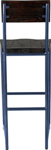 Blue metal stool with back with black stain ash wood made in UK - back view round frame