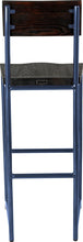 Load image into Gallery viewer, Blue metal stool with back with black stain ash wood made in UK - back view round frame
