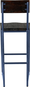 Blue metal stool with back with black stain ash wood made in UK - back view round frame