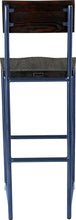 Load image into Gallery viewer, Blue metal stool with back with black stain ash wood made in UK - back view round frame
