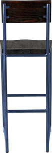 Blue metal stool with back with black stain ash wood made in UK - back view round frame