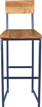 Load image into Gallery viewer, Blue metal stool with back with natural stain ash wood made in UK - front view round frame
