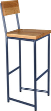 Load image into Gallery viewer, Blue metal stool with back with natural stain ash wood made in UK - angle view round frame
