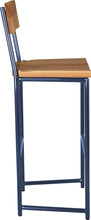 Load image into Gallery viewer, Blue metal stool with back with natural stain ash wood made in UK - side view round frame
