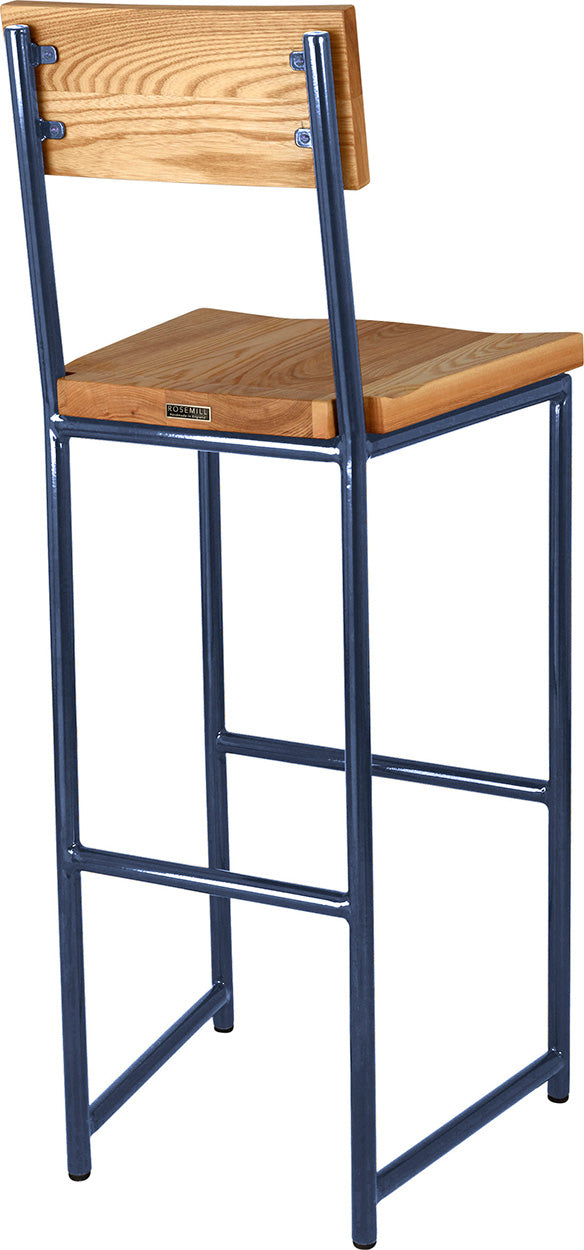 Blue metal stool with back with natural stain ash wood made in UK - back side view round frame