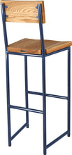 Load image into Gallery viewer, Blue metal stool with back with natural stain ash wood made in UK - back side view round frame

