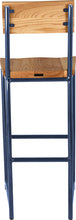 Load image into Gallery viewer, Blue metal stool with back with natural stain ash wood made in UK - back view round frame

