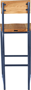 Blue metal stool with back with natural stain ash wood made in UK - back view round frame