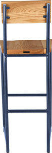 Blue metal stool with back with natural stain ash wood made in UK - back view round frame