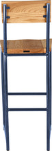 Load image into Gallery viewer, Blue metal stool with back with natural stain ash wood made in UK - back view round frame
