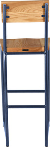 Blue metal stool with back with natural stain ash wood made in UK - back view round frame