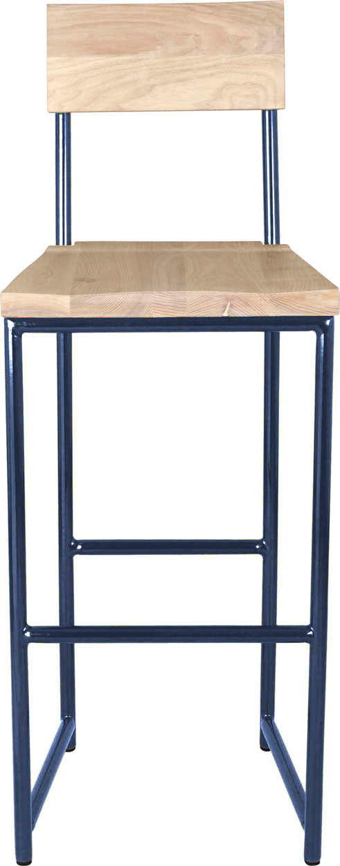 Blue metal stool with back with whitewash stain ash wood made in UK - front view round frame