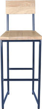 Load image into Gallery viewer, Blue metal stool with back with whitewash stain ash wood made in UK - front view round frame
