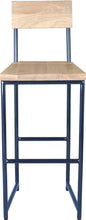 Load image into Gallery viewer, Blue metal stool with back with whitewash stain ash wood made in UK - front view round frame
