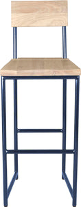 Blue metal stool with back with whitewash stain ash wood made in UK - front view round frame