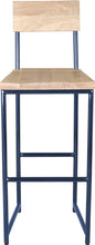 Load image into Gallery viewer, Blue metal stool with back with whitewash stain ash wood made in UK - front view round frame
