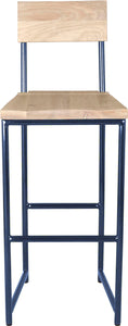 Blue metal stool with back with whitewash stain ash wood made in UK - front view round frame