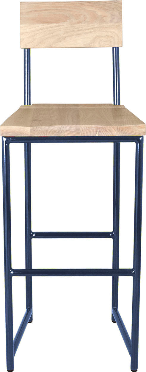 Blue metal stool with back with whitewash stain ash wood made in UK - front view round frame
